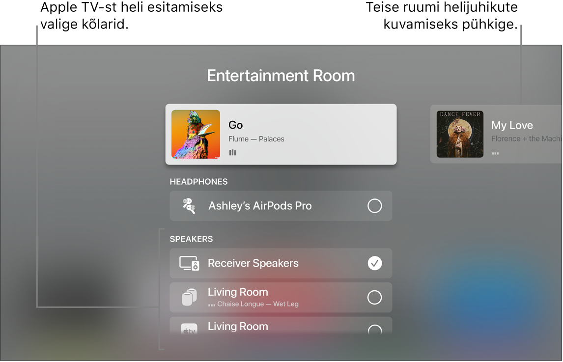 Apple TV ekraanil kuvatakse Control Centeri helijuhikuid