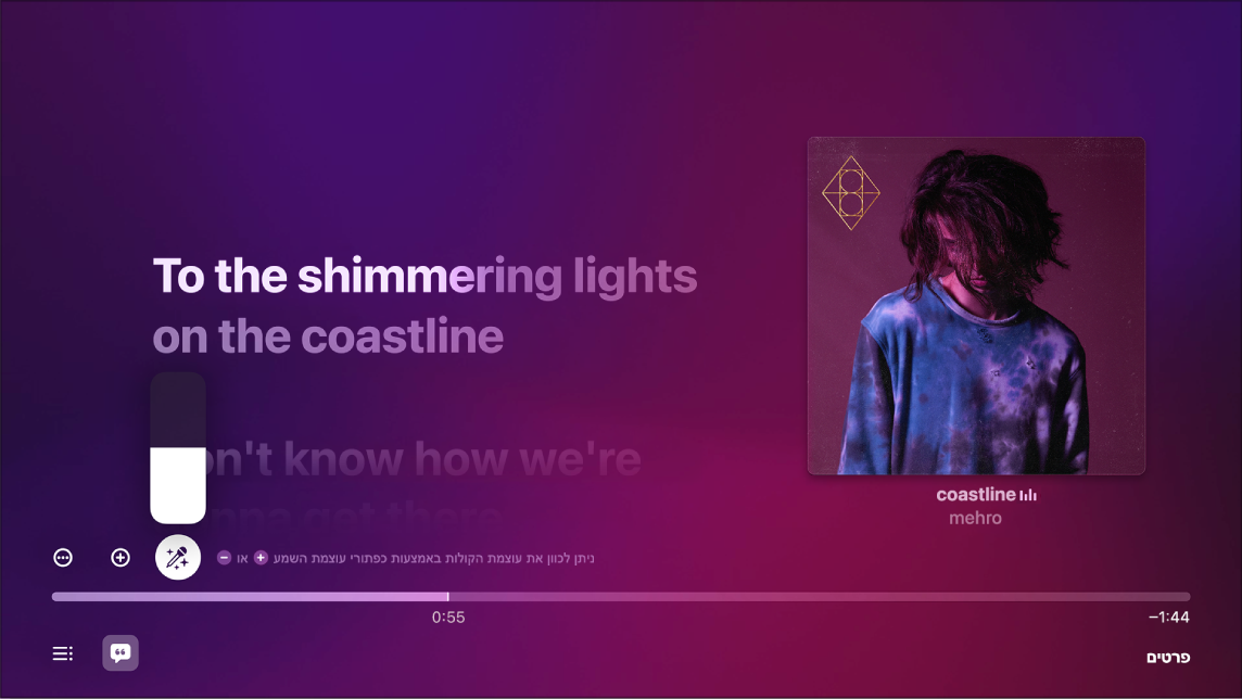 מסך ״מתנגן עכשיו״ המציג את Apple Music Sing.