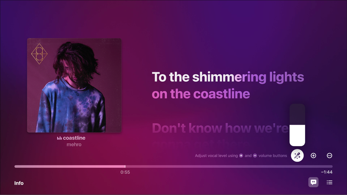 Ekrāns Now Playing, kurā redzama funkcija Apple Music Sing