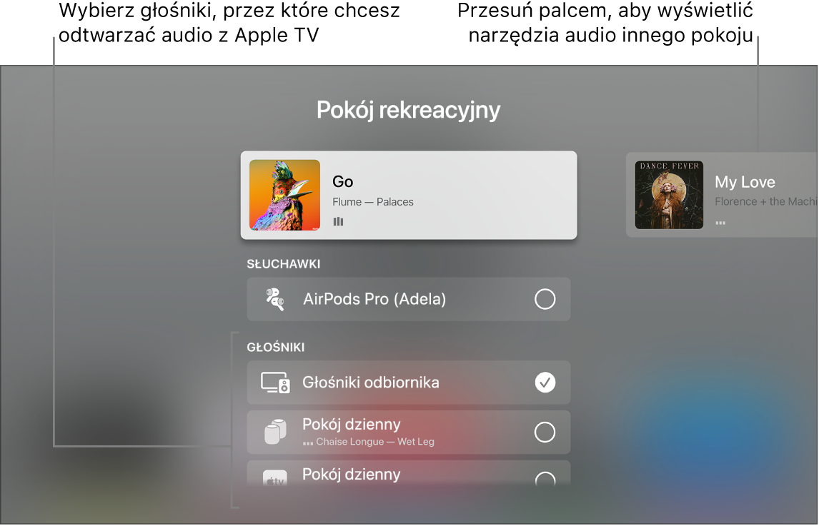 Ekran Apple TV z widokiem narzędzi dźwięku w centrum sterowania
