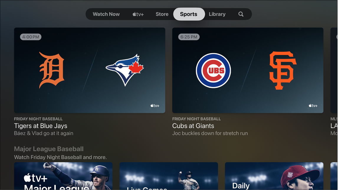 Zaslon, ki prikazuje možnost Sports