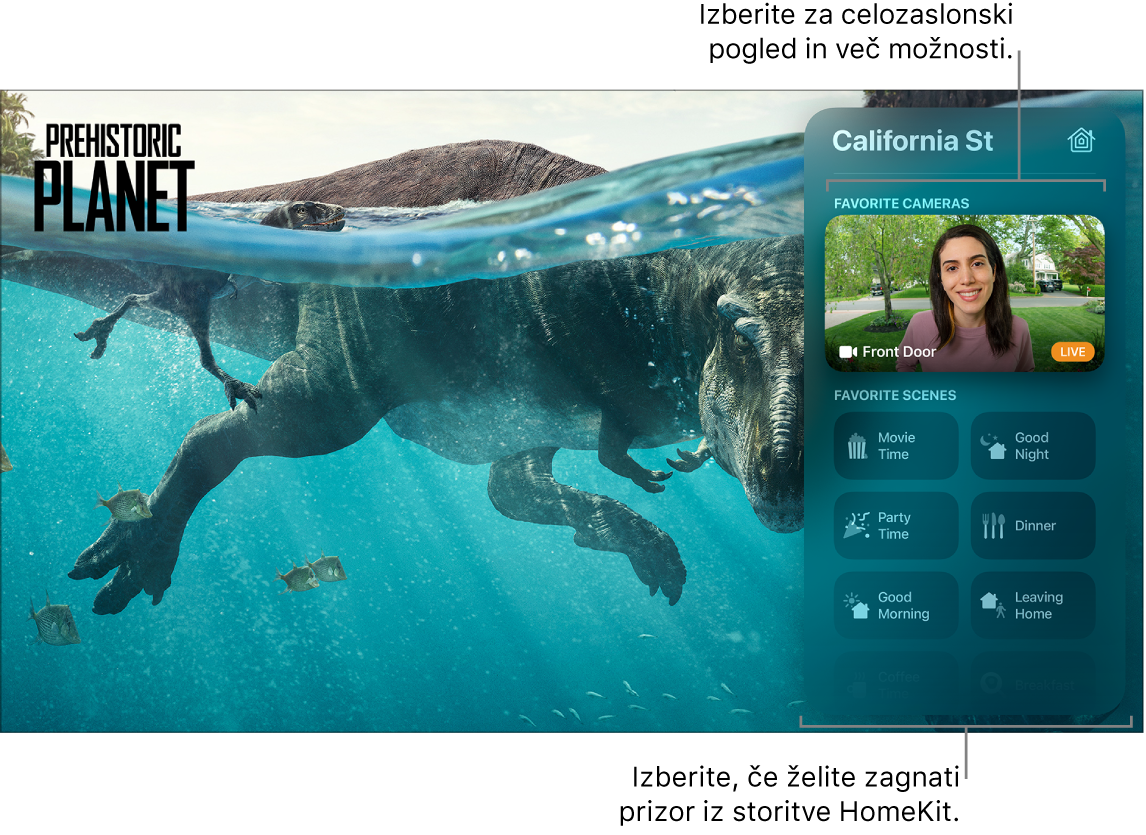 Zaslon Apple TV, ki prikazuje pogled Control Center HomeKit