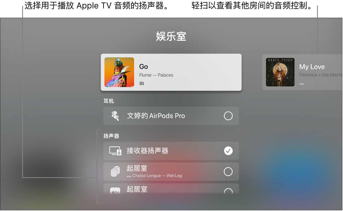 显示“控制中心”音频控制的 Apple TV 屏幕