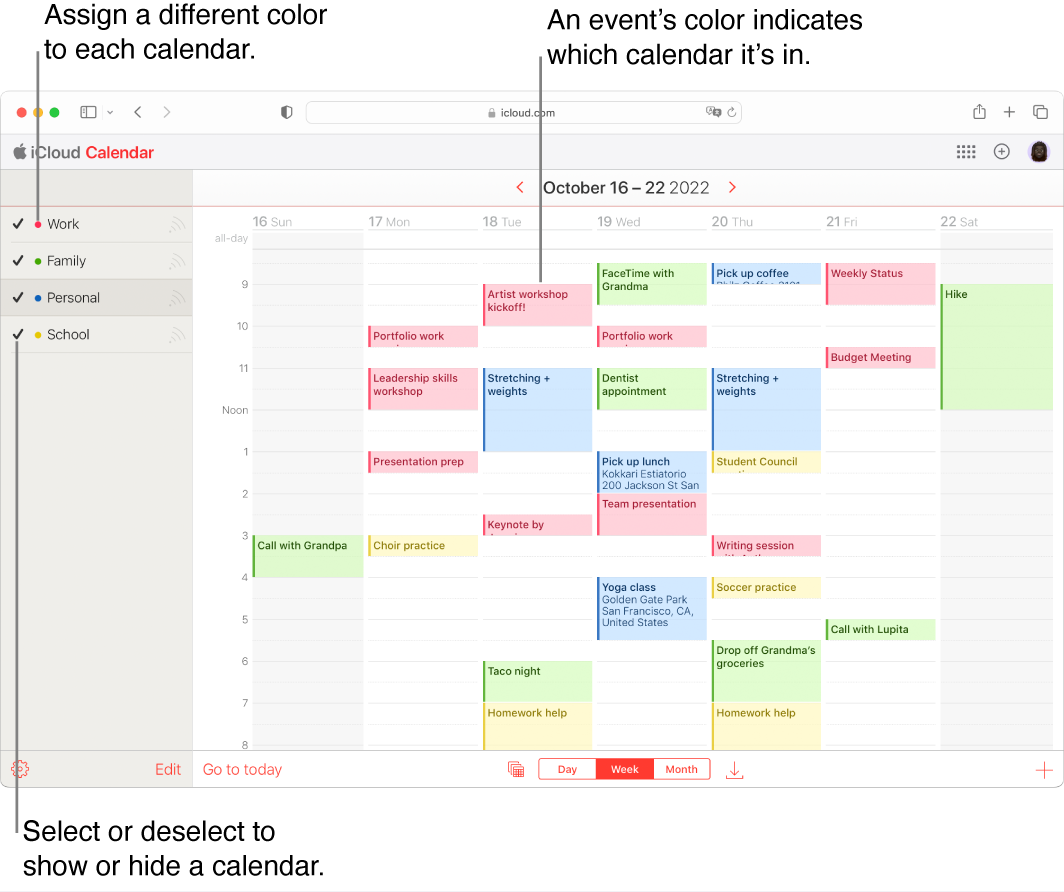 La ventana Calendario en iCloud.com con varios calendarios visibles. Se asigna un color diferente a cada calendario, y el color de los eventos indica en qué calendario se encuentran.