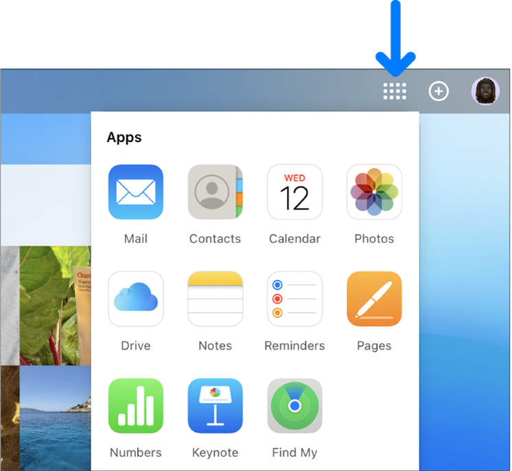 En la página de inicio de iCloud, aparece abierto el iniciador de apps, y se muestran las siguientes apps: Mail, Contactos, Calendario, Fotos, iCloud Drive, Notas, Recordatorios, Pages, Numbers, Keynote y Encontrar.