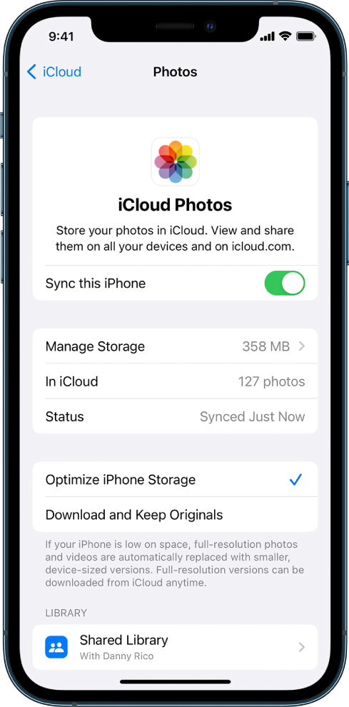 La pantalla Fotos en iCloud en la configuración de iCloud. Sincronizar este iPhone está activado.