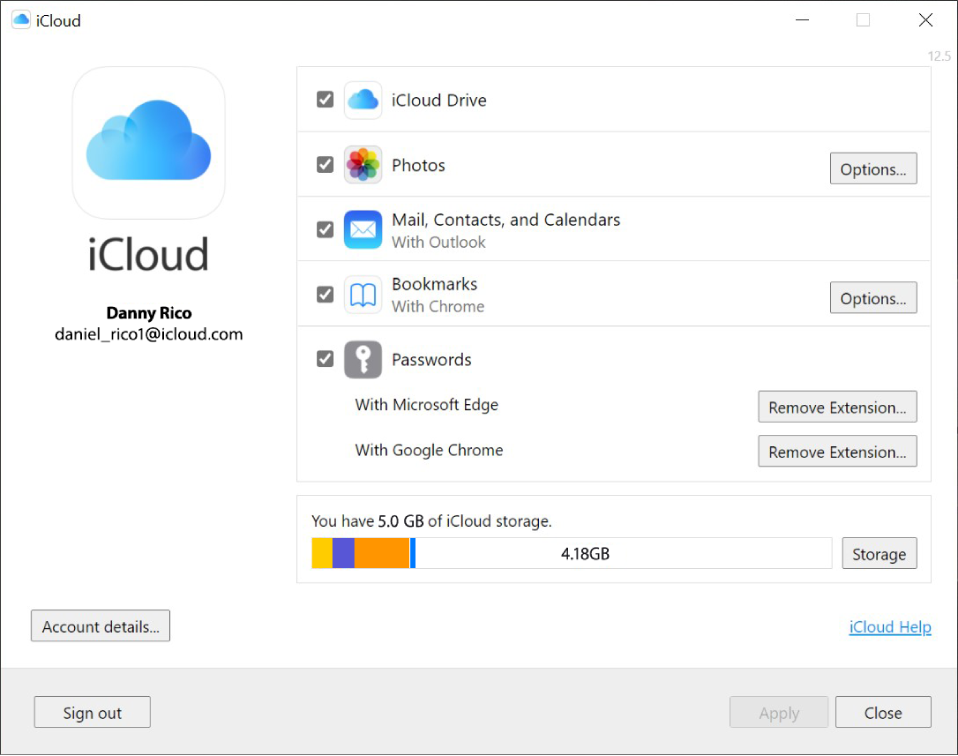 iCloud voor Windows toont selectievakjes naast de iCloud-functies.