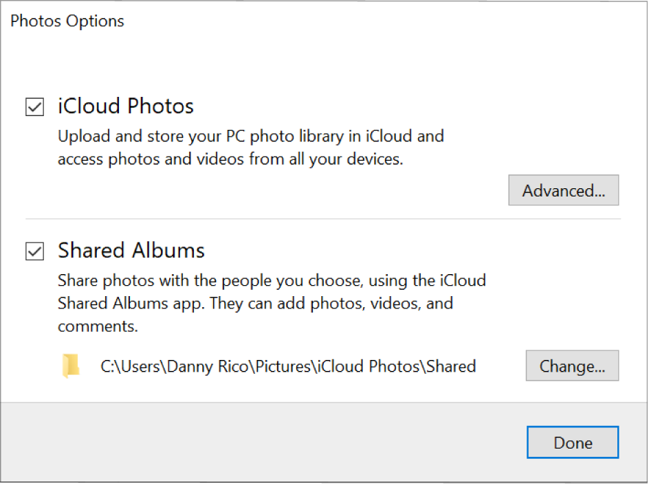 A Fotók opciói az iCloud Windows-verziójában. Az iCloud-fotók és a Megosztott albumok funkció is ki van jelölve.