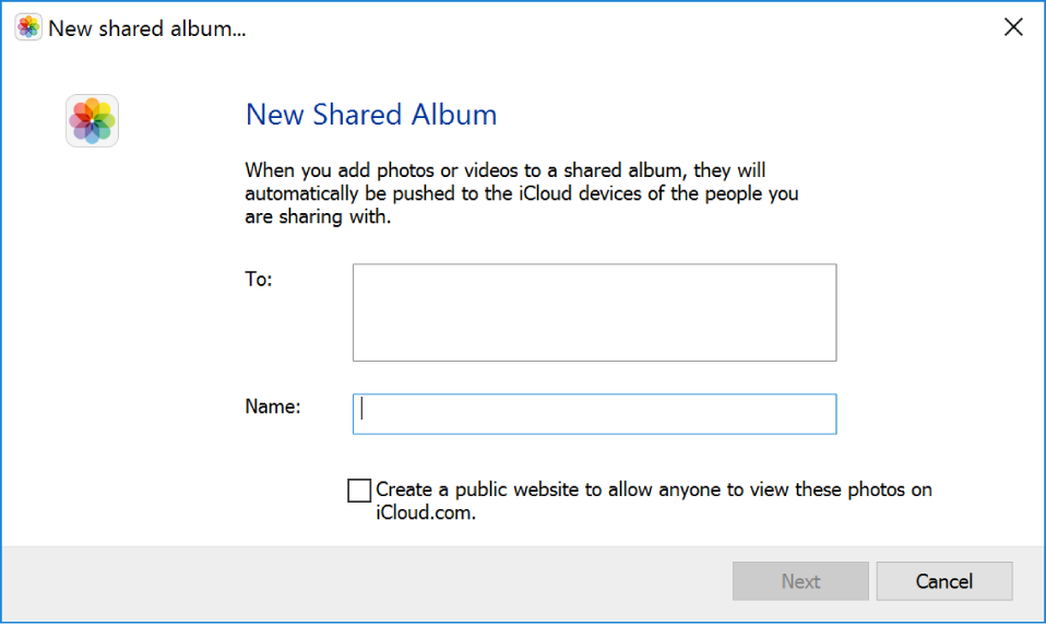 Windows 电脑上的“新建共享相簿”窗口。 所有字段均为空。
