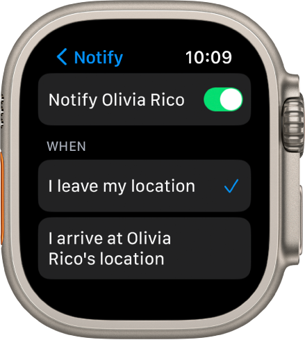 Екранът Notify (Известяване) в приложението Find People (Намери хора). Избрано е „When I leave my location“ („Когато напусна моето местоположение“).