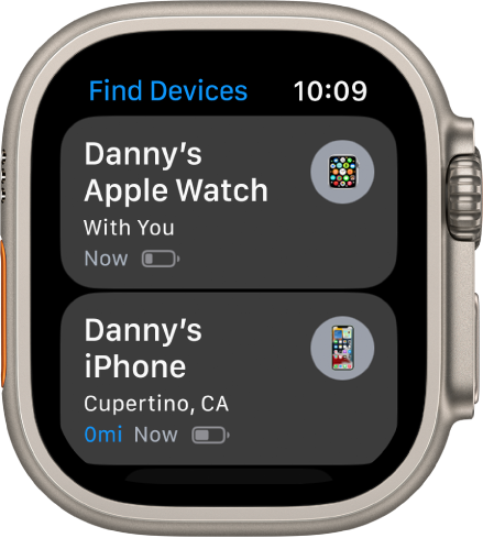 Приложението Find Devices (Намери устройства), показващо две устройства – Apple Watch и iPhone.