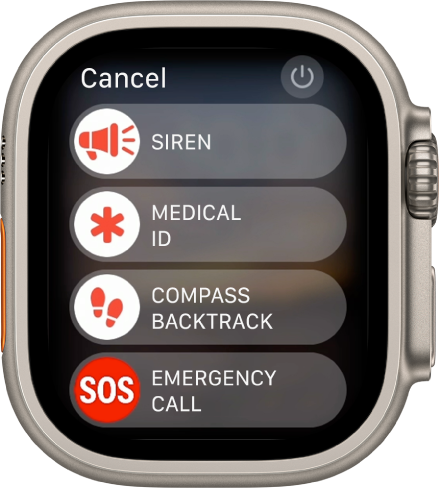 Екранът на Apple Watch показва четири плъзгача: Siren (Сирена), Medical ID (Медицински ID), Compass Backtrack (Връщане по маршрута в Компас) и Emergency Call (Спешно обаждане). Бутонът за захранване е горе вдясно.
