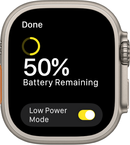 Екранът за режим Low Power (Пестене на енергия), който показва част от жълто кръгче с оставащия заряд, думите 50 percent Battery Remaining (остават 50 процента от батерията) и бутона за режим Low Power (Пестене на енергия) отдолу.