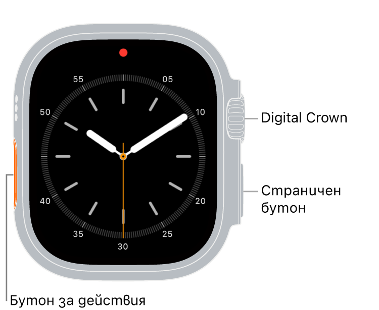 Предната страна на Apple Watch Ultra с екран, показващ циферблат, и, от горе надолу, встрани от часовника коронката Digital Crown, микрофон и страничен бутон.