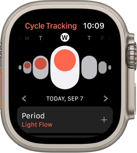 Apple Watch, показващ екрана Cycle Tracking (Следене на цикъла)