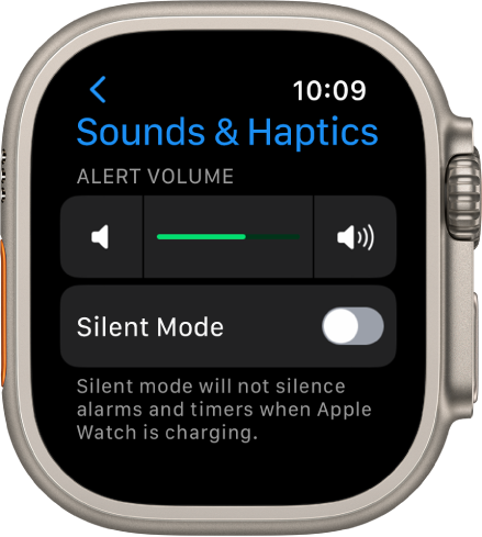 Настройките за звуци и осезания на Apple Watch с плъзгача за сила на звука на предупрежденията в горната част и превключвателят за тих режим под него.
