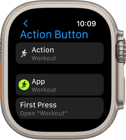 Екран с бутон Action (Действие) на Apple Watch Ultra, показващ Workout (Тренировка) като назначеното действие и приложение. Еднократното натискане на бутона Action (Действие) отваря приложението Workout (Тренировка).