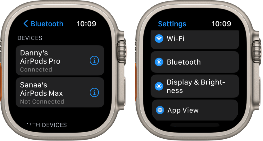 Два екрана един до друг. Вляво е екран, който показва две налични Bluetooth устройства: AirPods Pro, които са свързани и AirPods Max, които не са свързани. Вдясно е екранът Settings (Настройки), показващ в списък бутоните Wi-Fi, Bluetooth, Display & Brightness (Екран и яркост) и App View (Изглед за приложения).