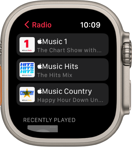 Екранът на Radio (Радио), показващ три станции на Apple Music.