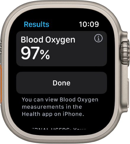 Екранът с резултати на Blood Oxygen (Кислород в кръвта), показващ 97 процента насищане на кръвта с кислород. Бутонът Done (Готово) е отдолу.