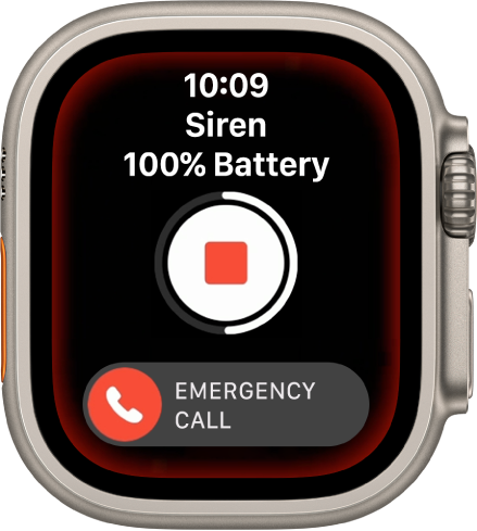 Обратно броене в приложението Siren (Сирена). В горната част е заряда на батерията, в средата е бутона Stop (Стоп) и отдолу е плъзгача Emergency Call (Спешно обаждане).