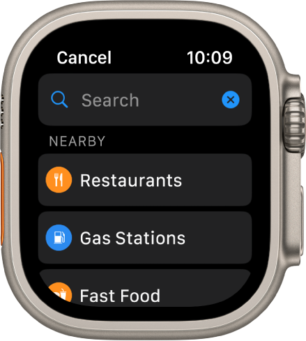 Екранът Търсене на приложението Карти показва полето Търсене близо до горния край. Под Nearby (Наблизо) са бутоните за ресторанти, бензиностанции и заведения за бързо хранене.