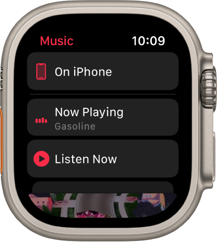 Приложението Music (Музика) показва бутоните On iPhone (На iPhone), Now Playing (Сега се възпроизвежда) и Listen Now (Слушай сега) в списък. Прелистете надолу, за да видите корицата на албума.