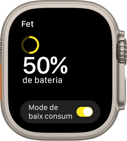 Pantalla de mode de baix consum amb un anell groc parcial que indica la càrrega restant, el text “50% de bateria restant” i el botó de mode de baix consum a la part inferior.
