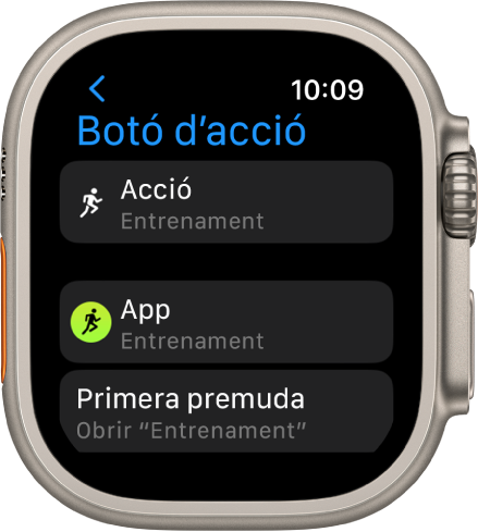 Pantalla del botó d’acció de l’Apple Watch Ultra que mostra Entrenament com a acció i app assignades. Si es prem el botó d’acció un cop, s’obre l’app Entrenament.