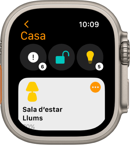 L’app Casa mostra icones d’estat a la part superior i, a sota, hi mostra un accessori.