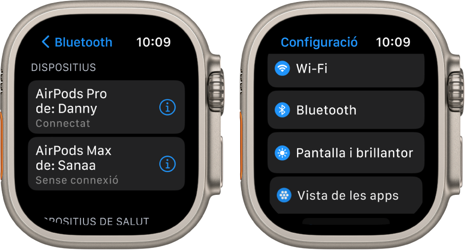 Dues pantalles de costat a costat. A l’esquerra, hi ha una pantalla que enumera dos dispositius Bluetooth disponibles: AirPods Pro, que estan connectats, i AirPods Max, que no estan connectats. A la dreta, hi ha la pantalla Configuració, que mostra els botons Wi-Fi, Bluetooth, “Pantalla i brillantor” i “Vista de les apps” en una llista.