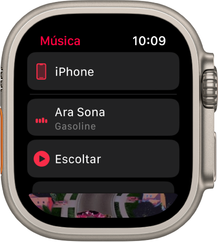 L’app Música mostra els botons “A l’iPhone”, “S’està reproduint” i Escoltar en una llista. Desplaça’t cap avall per veure les il·lustracions d’àlbum.