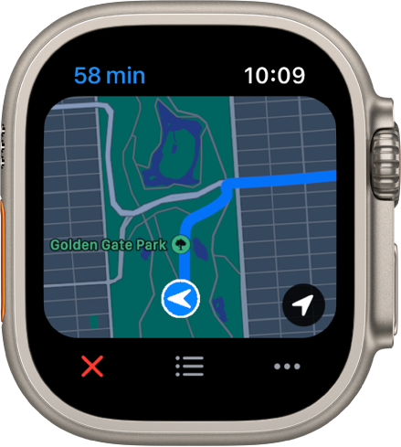 L’app Mapes mostra una visió general del teu viatge. A la part inferior hi ha els botons Finalitzar, Llista i Més.