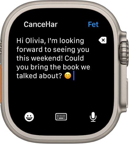 L’app Mail mostra una pantalla en què redactes el missatge de correu. El text del cos és cap a la part superior i hi ha el botó “Eliminar” a la dreta. A la part inferior hi ha els botons Emoji, Teclat i Dictar. El botó Fet és a la part superior dreta.