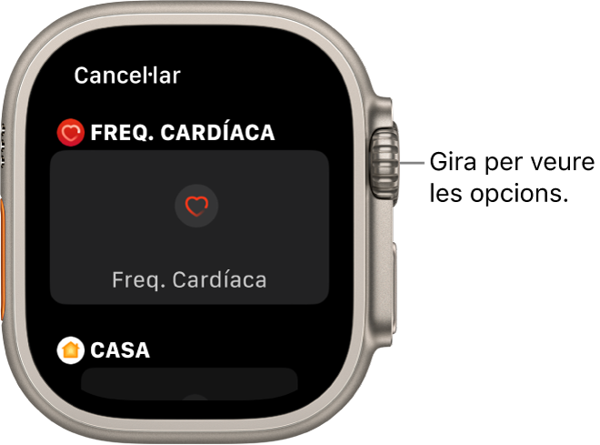 La pantalla de personalització d’una esfera amb la complicació Freqüència Cardíaca ressaltada. Fes girar la Digital Crown per buscar complicacions.