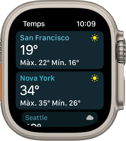 L’app Temps amb informació meteorològica de dues ciutats d’una llista.