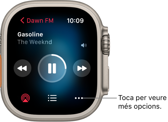 Pantalla “S’està reproduint” de l’app Música. El títol de l’àlbum es mostra a la part superior esquerra. El títol de la cançó i l’artista es mostren a sota. Al centre de la pantalla hi ha els controls de reproducció per retrocedir, per reproduir o posar en pausa i per avançar. A la part inferior de la pantalla hi ha els botons AirPlay, Llista de cançons i Més.