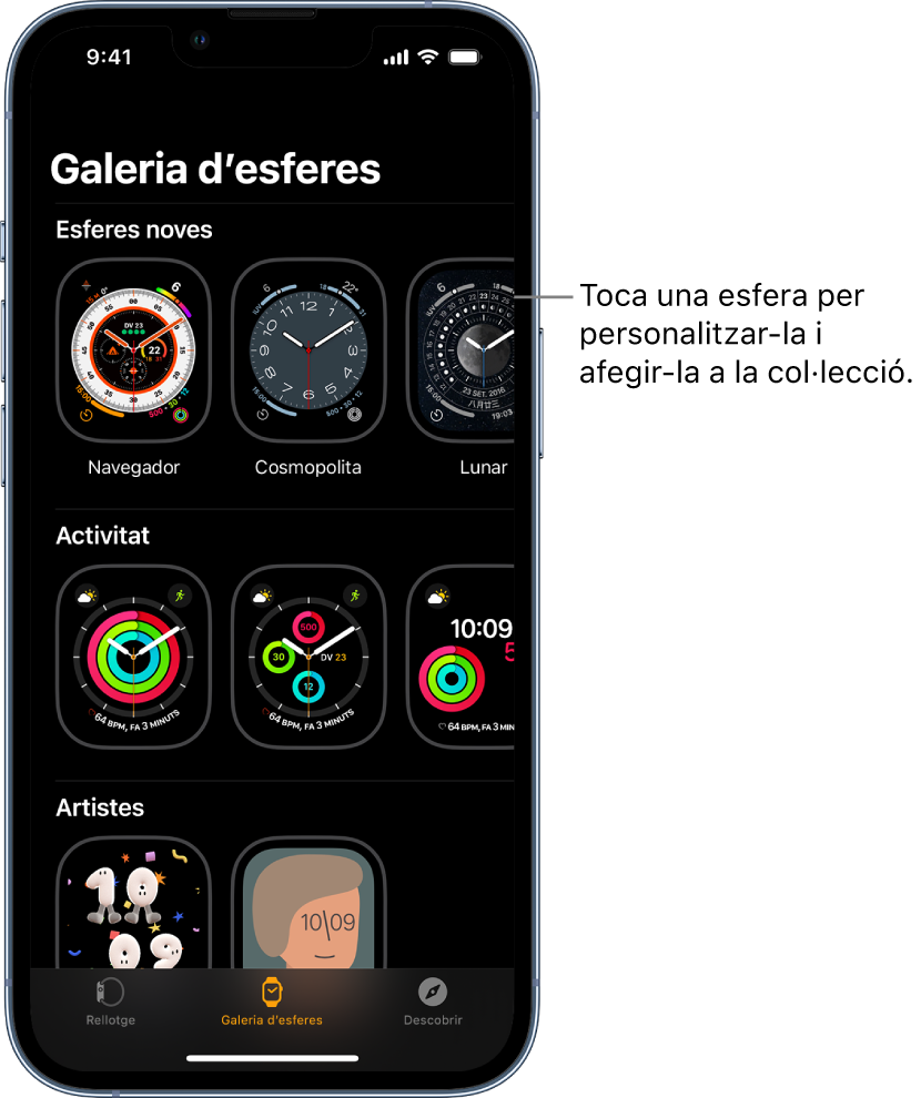 L’app Apple Watch oberta amb la galeria d’esferes. La fila superior mostra les esferes noves, la següent fila mostra esferes agrupades per tipus: activitat i artista, per exemple. Pots desplaçar-te per veure més esferes agrupades per tipus.