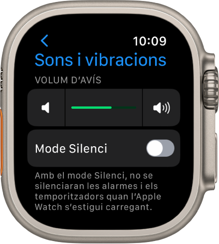 La configuració “Sons i vibracions” a l’Apple Watch, amb el regulador del volum d’avís a la part superior i l’interruptor del mode de silenci a sota.