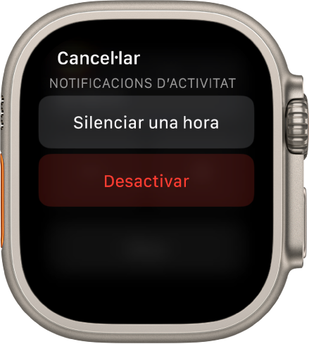 Configuració de les notificacions a l’Apple Watch. El botó superior diu “Silenciar una hora”. A sota hi ha el botó “Desactivar”.