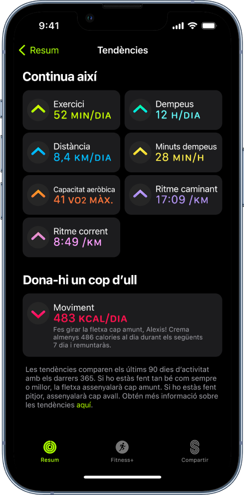 La pestanya Tendències de l’app Activitat a l’iPhone. Apareixen uns quants mesuraments a sota de la capçalera Tendències prop de la part superior de la pantalla. Els mesuraments inclouen Exercici, Dempeus, Distància i més. El paràmetre Moviment apareix a sota de l’apartat “Dona-hi un cop d’ull”.