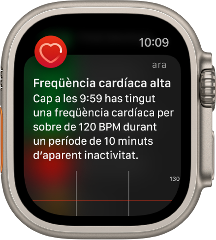 La pantalla d’un avís de freqüència cardíaca indica que s’ha detectat una freqüència cardíaca alta.