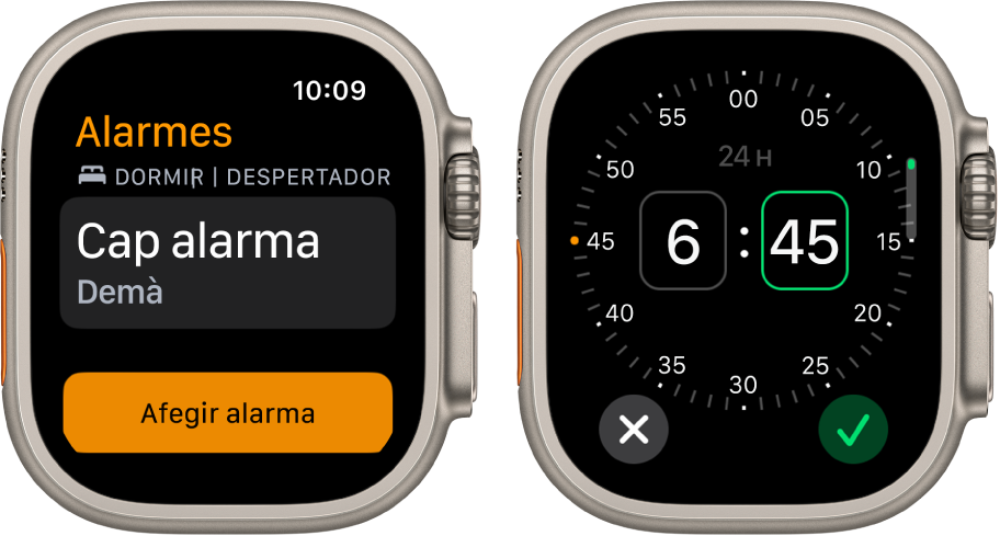 Dues pantalles de rellotge que mostren el procés d’afegir una alarma: toca “Afegir alarma”, toca AM o PM, fes girar la Digital Crown per ajustar l’hora i, després, toca el botó Marcar.