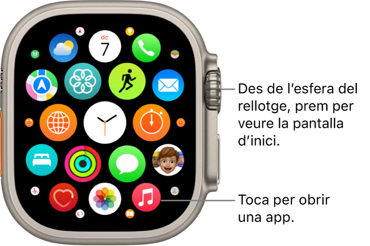 La pantalla d’inici de l’Apple Watch en vista de retícula amb les apps agrupades. Toca una app per obrir-la. Arrossega per veure més apps.