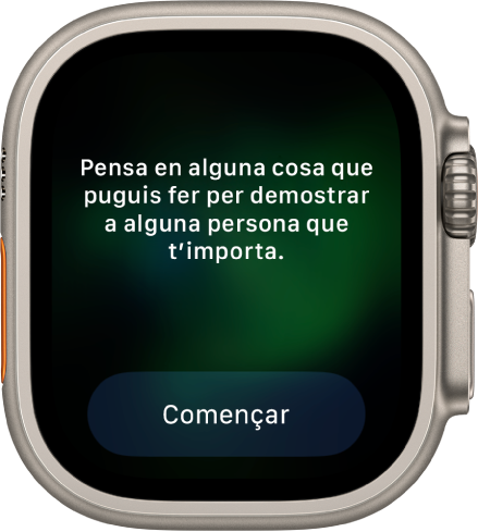 L’app Atenció Plena mostra un pensament sobre el qual pots reflexionar. Hi posa: “Imagina’t alguna cosa que puguis fer per demostrar que algú que t’importa”. El botó Començar és a sota.