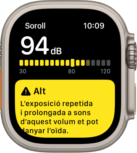 Notificació de l’app Soroll sobre un nivell sonor de 94 decibels. A sota es mostra un avís sobre exposició de llarga durada a aquest nivell sonor.
