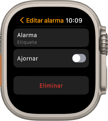 Pantalla “Editar alarma”, amb el botó Eliminar a baix de tot.