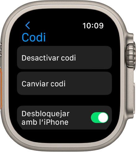 La configuració del codi de l’Apple Watch amb el botó “Desactivar codi” a la part superior. A sota, hi ha el botó “Canviar el codi” i a la part inferior hi ha l’interruptor de l’opció “Desbloquejar amb l’iPhone”.