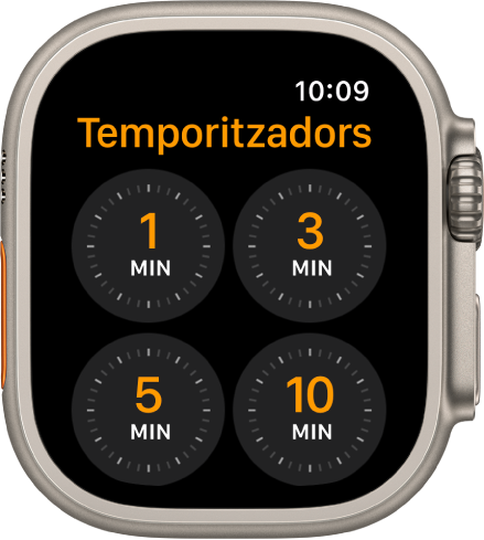 Pantalla de l’app Temporitzadors amb temporitzadors ràpids d’1, 3, 5 o 10 minuts.