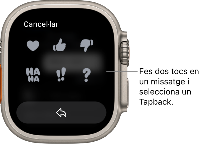 Una conversa a l’app Missatges amb algunes opcions de Tapback: un cor, una mà amb el polze cap amunt, una mà amb el polze cap avall, un riure, !! i ?. El botó Respondre és a sota.
